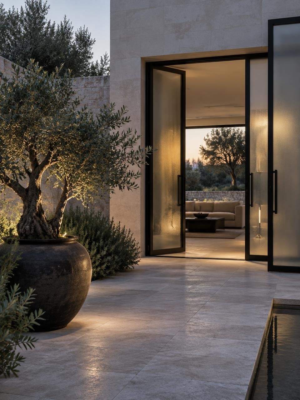 Frosted doors opening to the residence courtyard