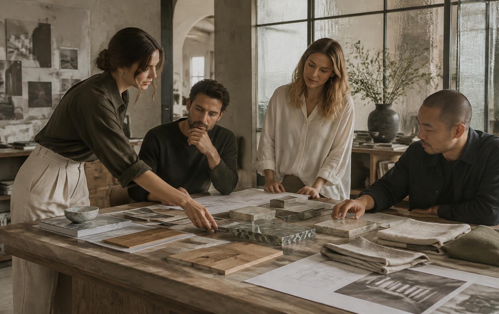 The Hayan Atelier team reviewing materials and drawings
