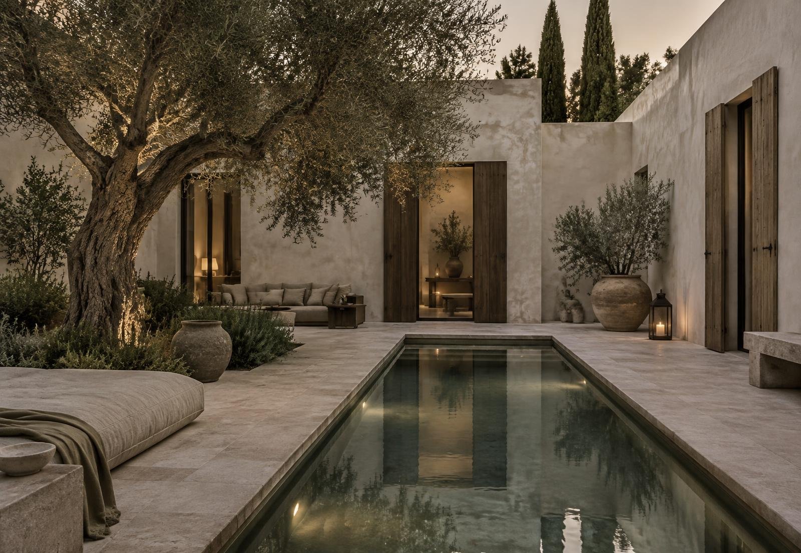 A limestone courtyard with an olive tree and reflecting pool